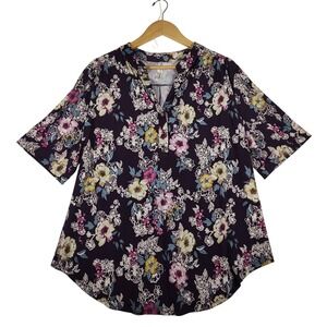 Perception Women Floral Blouse Purple Short Sleeve Split Neck Top 2X TP-WM-218